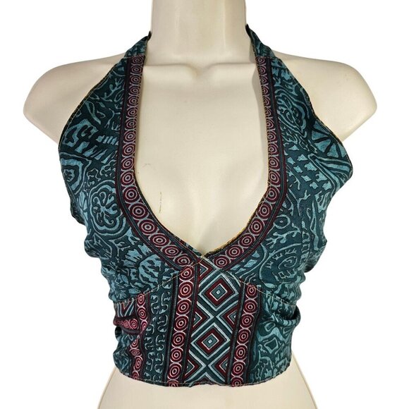 Retro Reversible Halter Crop Top Womens OS Silk Blnd Tie Back Blue Gold - Picture 2 of 11